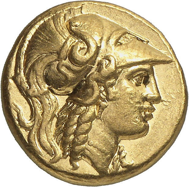 PRICE 2528 Alexander III obverse, Head of Athena right wearing Corinthian helmet with crest