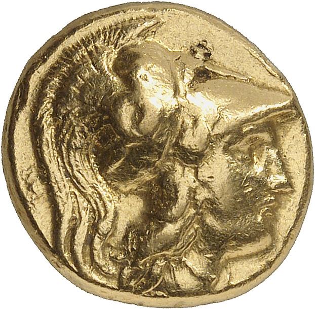 PRICE 2539 Alexander III obverse, Head of Athena right wearing Corinthian helmet with crest