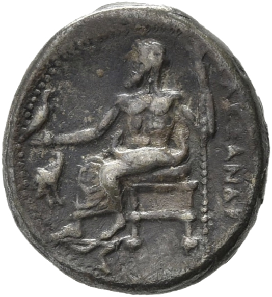 PRICE 2547 Alexander III reverse — Zeus seated on stool-throne left, eagle on outstretched right hand, sceptre in left hand