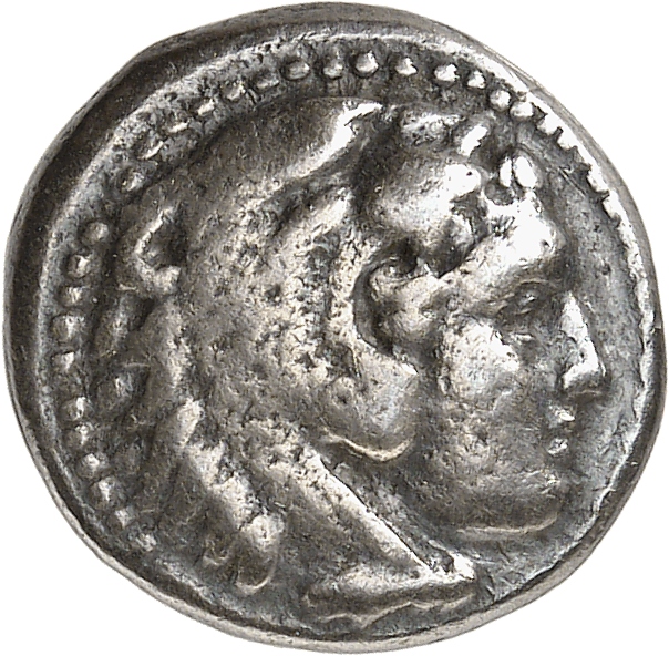 PRICE 2553 Alexander III obverse, Head of beardless Heracles right wearing lion skin headdress