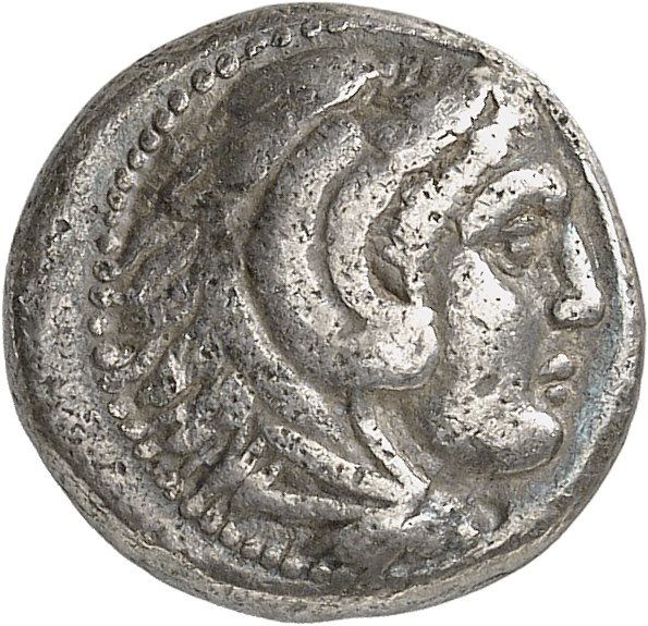 PRICE 2553 Alexander III obverse — Head of beardless Heracles right wearing lion skin headdress