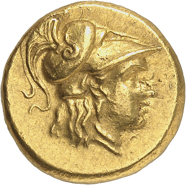 PRICE 2557 Alexander III obverse, Head of Athena right wearing Corinthian helmet with crest