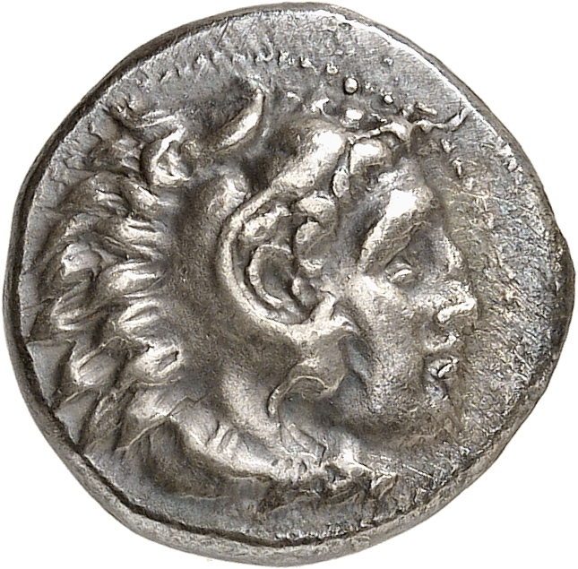 PRICE 2562 Alexander III obverse, Head of beardless Heracles right wearing lion skin headdress
