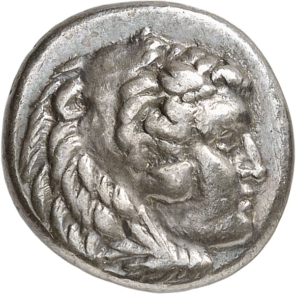 PRICE 2563 Alexander III obverse — Head of beardless Heracles right wearing lion skin headdress