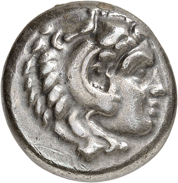 PRICE 2571 Alexander III obverse, Head of beardless Heracles right wearing lion skin headdress