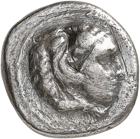 PRICE 2572 Alexander III obverse, Head of beardless Heracles right wearing lion skin headdress