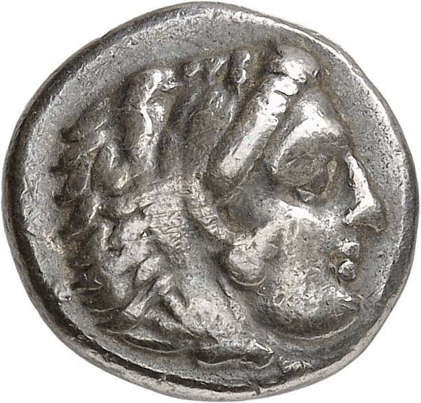 PRICE 2580 Alexander III obverse, Head of beardless Heracles right wearing lion skin headdress