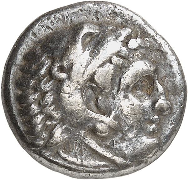 PRICE 2581 Alexander III obverse, Head of beardless Heracles right wearing lion skin headdress