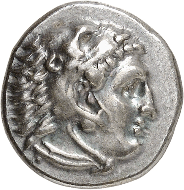 PRICE 2582 Alexander III obverse, Head of beardless Heracles right wearing lion skin headdress