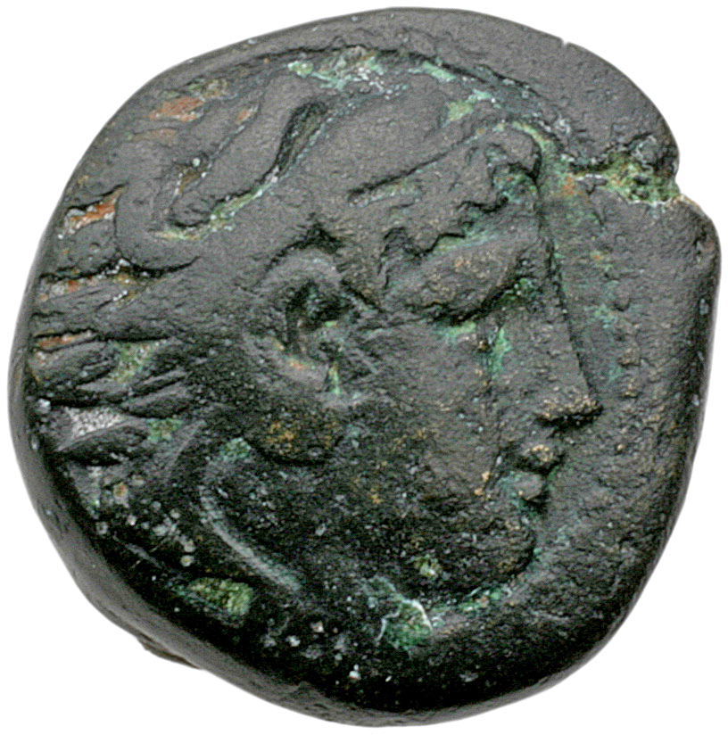Alexander III obverse — Head of beardless Heracles right wearing lion skin headdress