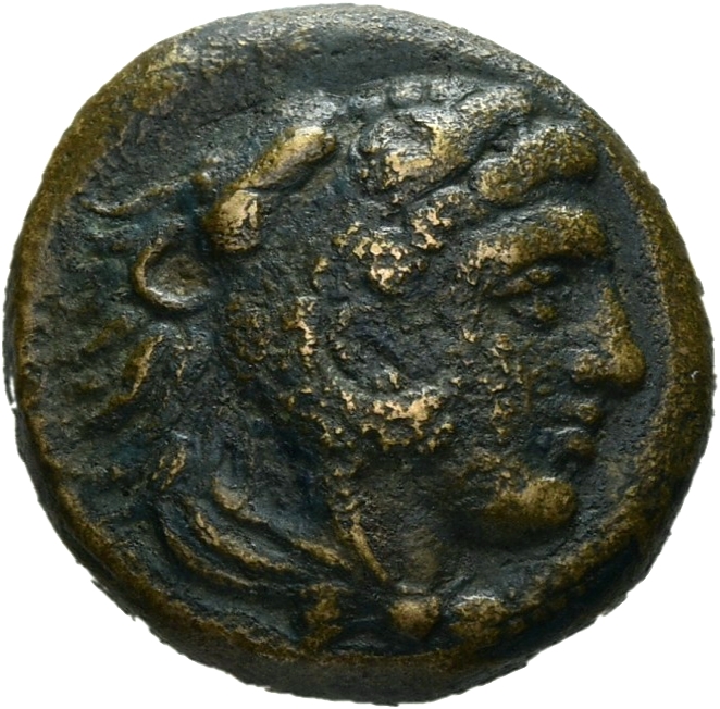 PRICE 268 Alexander III obverse, Head of beardless Heracles right wearing lion skin headdress