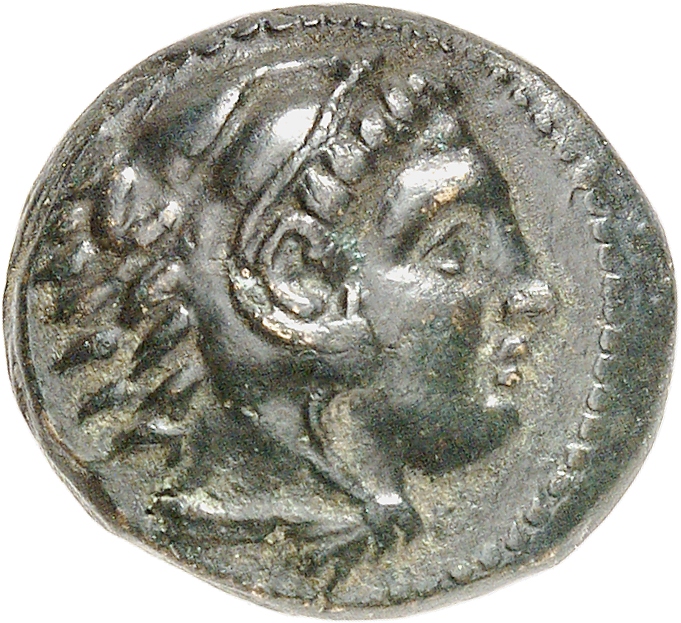 PRICE 269 Alexander III obverse, Head of beardless Heracles right wearing lion skin headdress