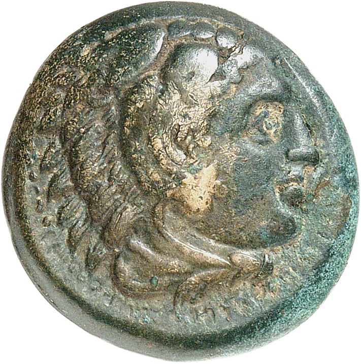 PRICE 273 Alexander III obverse, Head of beardless Heracles right wearing lion skin headdress