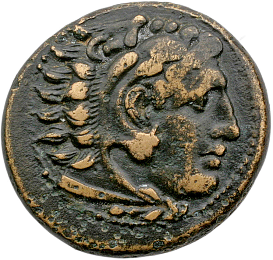 Alexander III obverse — Head of beardless Heracles right wearing lion skin headdress