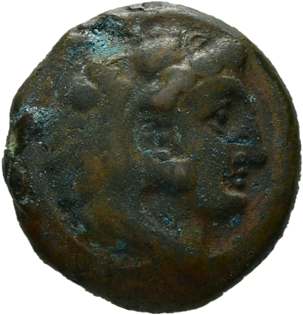 PRICE 296 Alexander III obverse, Head of beardless Heracles right wearing lion skin headdress