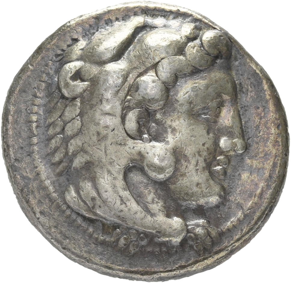 PRICE 2993 Alexander III obverse — Head of beardless Heracles right wearing lion skin headdress