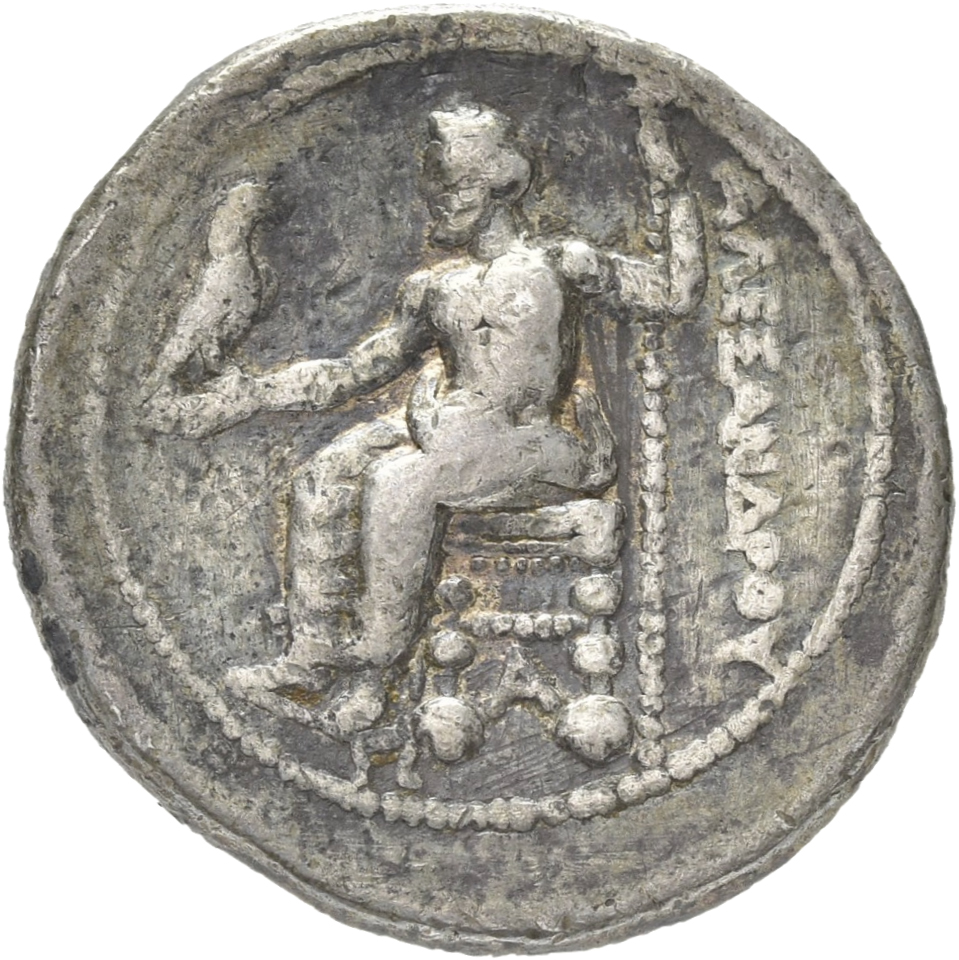 PRICE 2993 Alexander III reverse — Zeus seated on stool-throne left, eagle on outstretched right hand, sceptre in left hand
