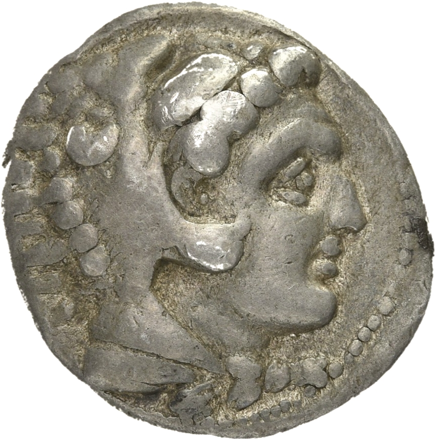 PRICE 2995 Alexander III obverse — Head of beardless Heracles right wearing lion skin headdress