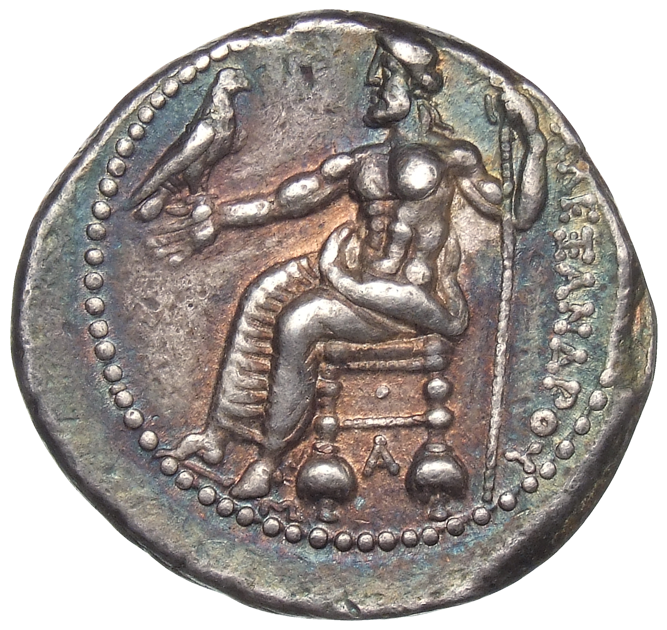 Alexander III reverse — Zeus seated on stool-throne left, eagle on outstretched right hand, sceptre in left hand