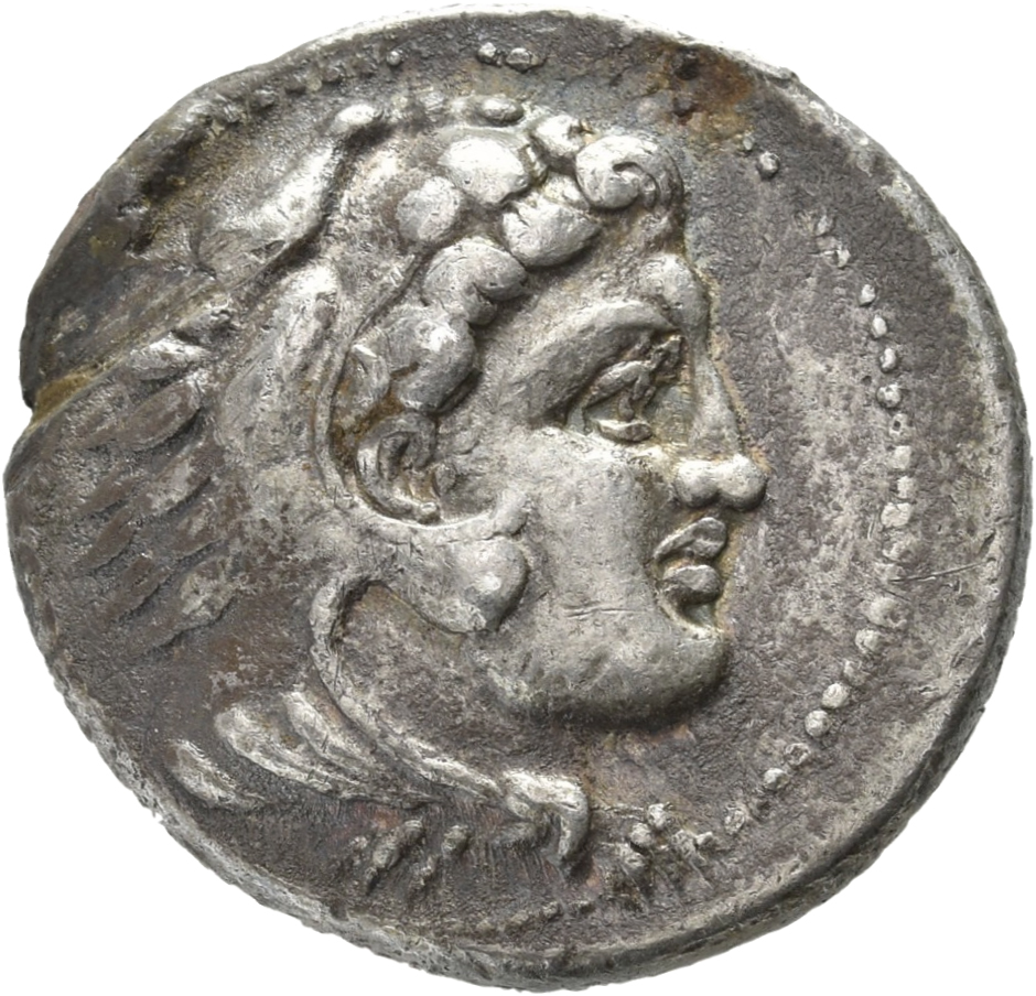 PRICE 3001 Alexander III obverse, Head of beardless Heracles right wearing lion skin headdress