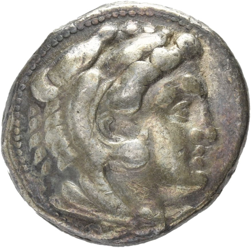 PRICE 3001 Alexander III obverse — Head of beardless Heracles right wearing lion skin headdress