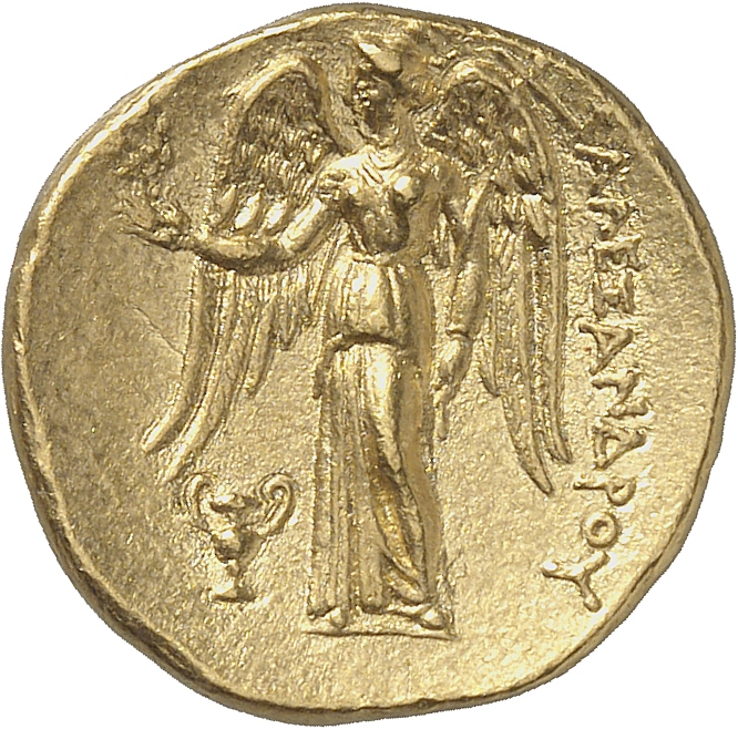 PRICE 3005 Alexander III reverse — Nike standing left holding wreath in right hand, and stylis in her left hand