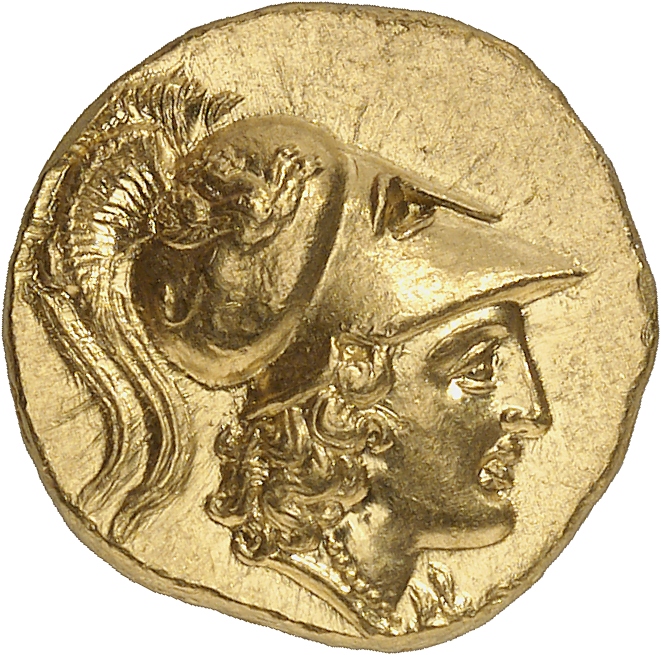 PRICE 3009 Alexander III obverse, Head of Athena right wearing Corinthian helmet with crest; griffin on bowl of helmet