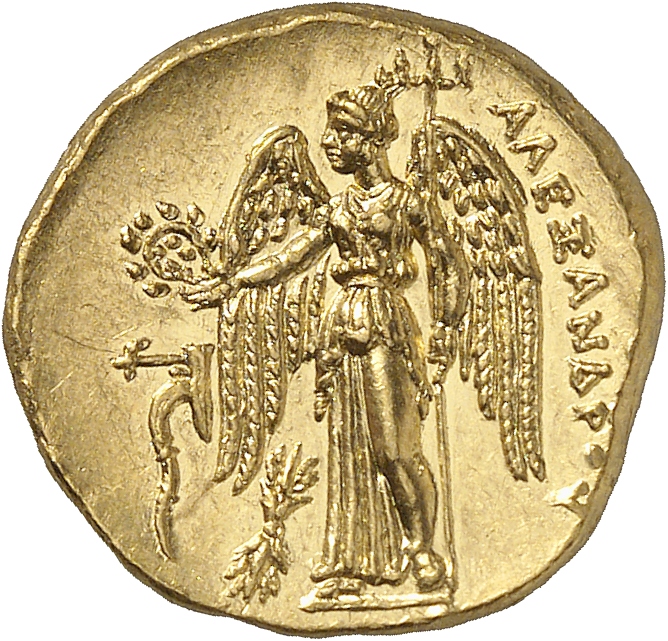PRICE 3009 Alexander III reverse, Nike standing left holding wreath in right hand, and stylis in her left hand