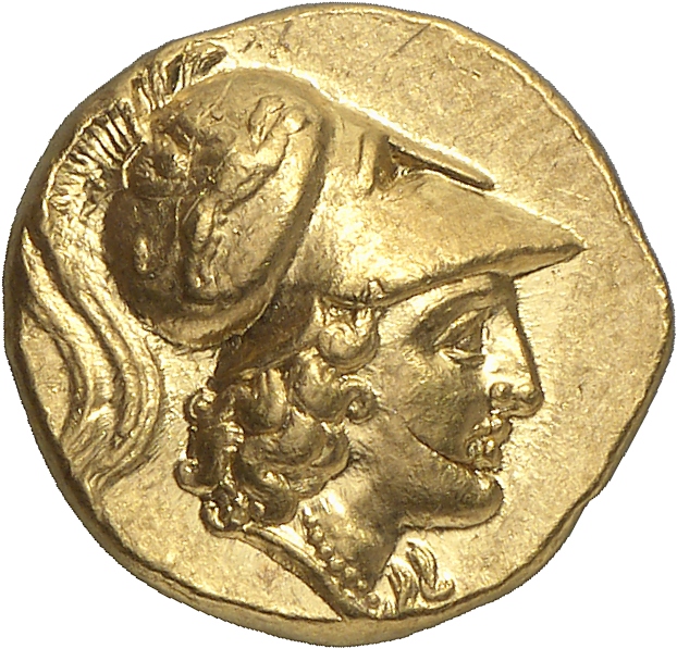 PRICE 3010 Alexander III obverse, Head of Athena right wearing Corinthian helmet with crest; griffin on bowl of helmet