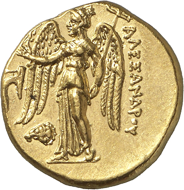 PRICE 3010 Alexander III reverse, Nike standing left holding wreath in right hand, and stylis in her left hand