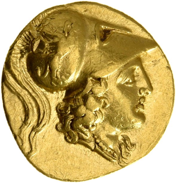 PRICE 3010 Alexander III obverse — Head of Athena right wearing Corinthian helmet with crest; griffin on bowl of helmet