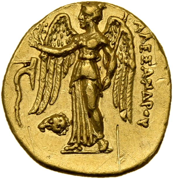 PRICE 3010 Alexander III reverse — Nike standing left holding wreath in right hand, and stylis in her left hand