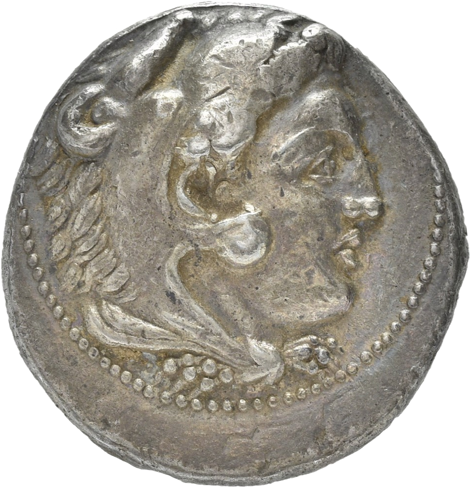 PRICE 3011 Alexander III obverse, Head of beardless Heracles right wearing lion skin headdress