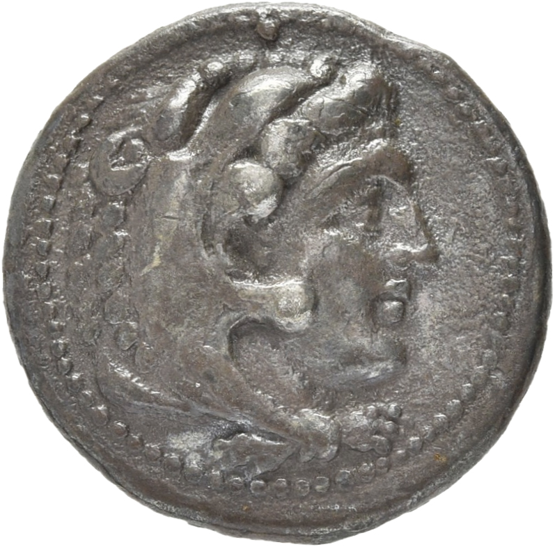 PRICE 3013 Alexander III obverse — Head of beardless Heracles right wearing lion skin headdress