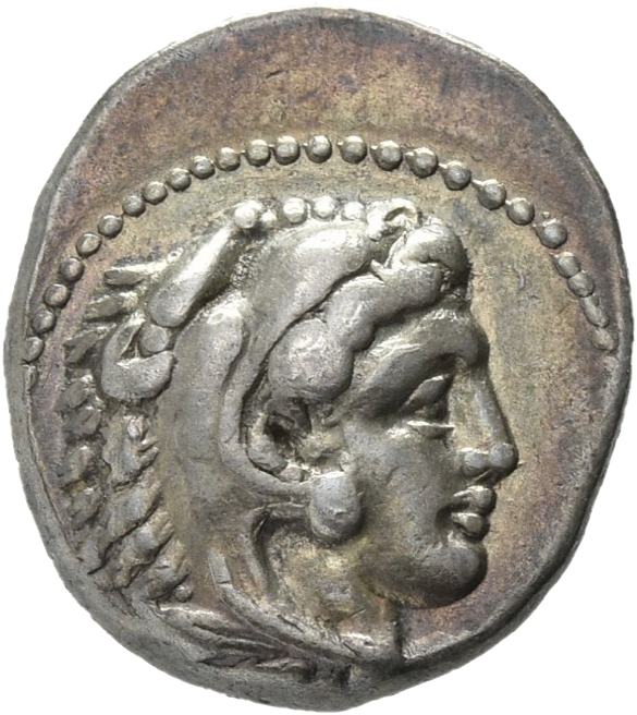 PRICE 3014 Alexander III obverse — Head of beardless Heracles right wearing lion skin headdress