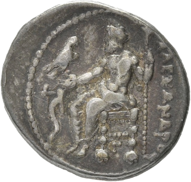 PRICE 3014 Alexander III reverse — Zeus seated on stool-throne left, eagle on outstretched right hand, sceptre in left hand