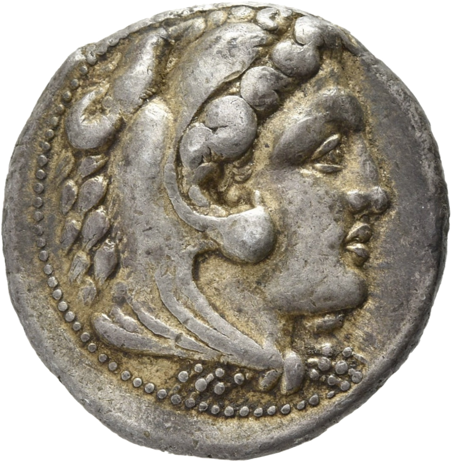 PRICE 3016 Alexander III obverse, Head of beardless Heracles right wearing lion skin headdress