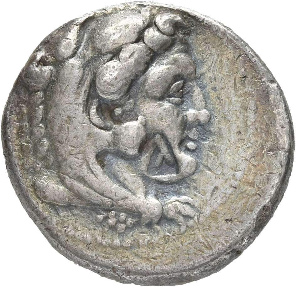 PRICE 3018 Alexander III obverse, Head of beardless Heracles right wearing lion skin headdress