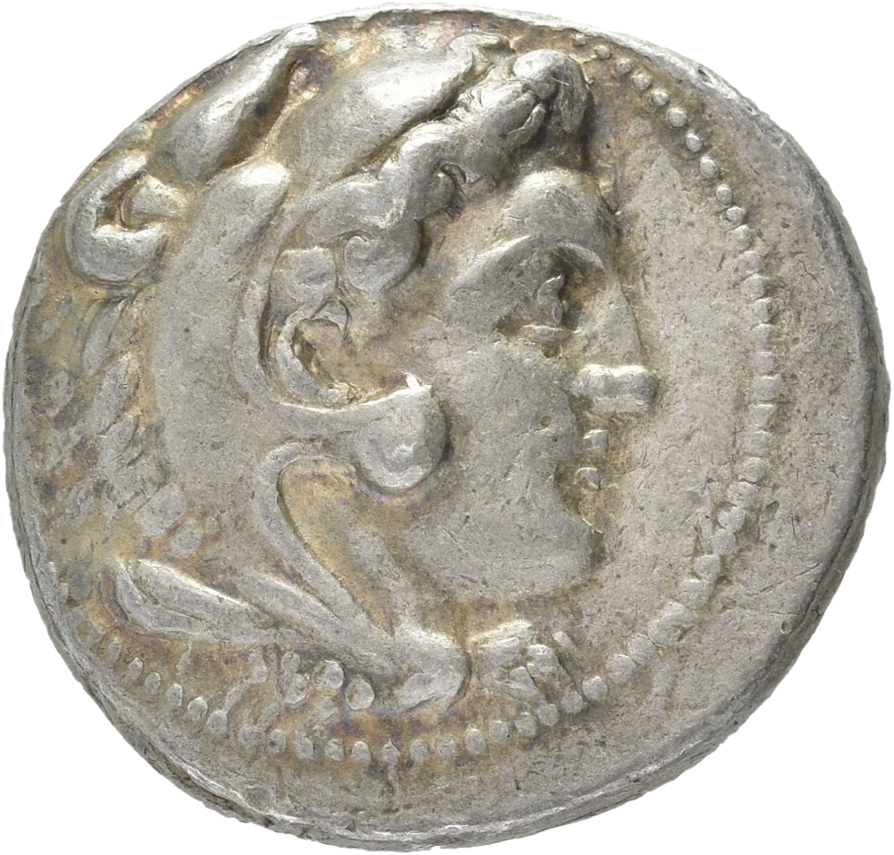 PRICE 3019 Alexander III obverse, Head of beardless Heracles right wearing lion skin headdress