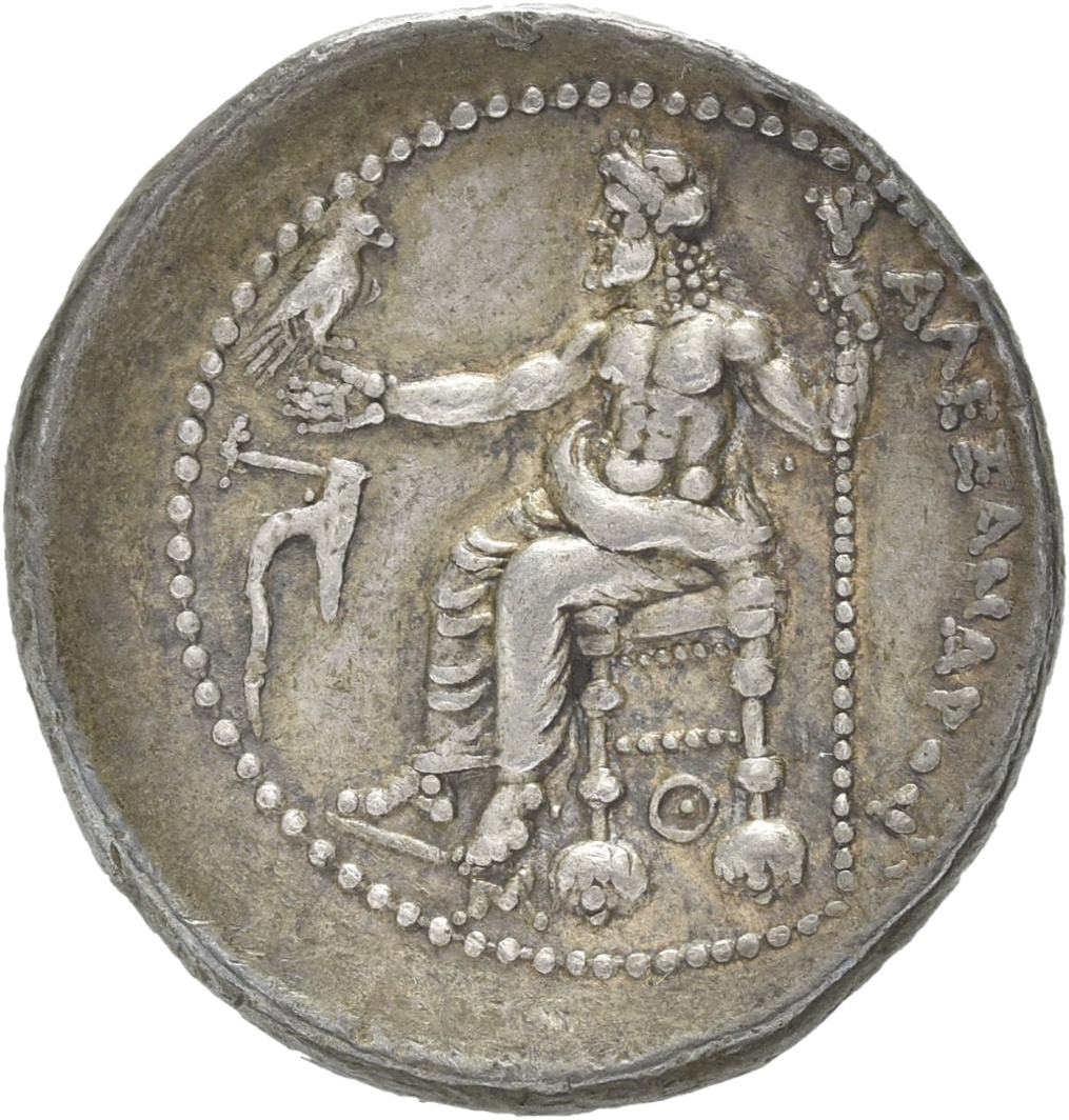 PRICE 3019 Alexander III reverse — Zeus seated on stool-throne left, eagle on outstretched right hand, sceptre in left hand