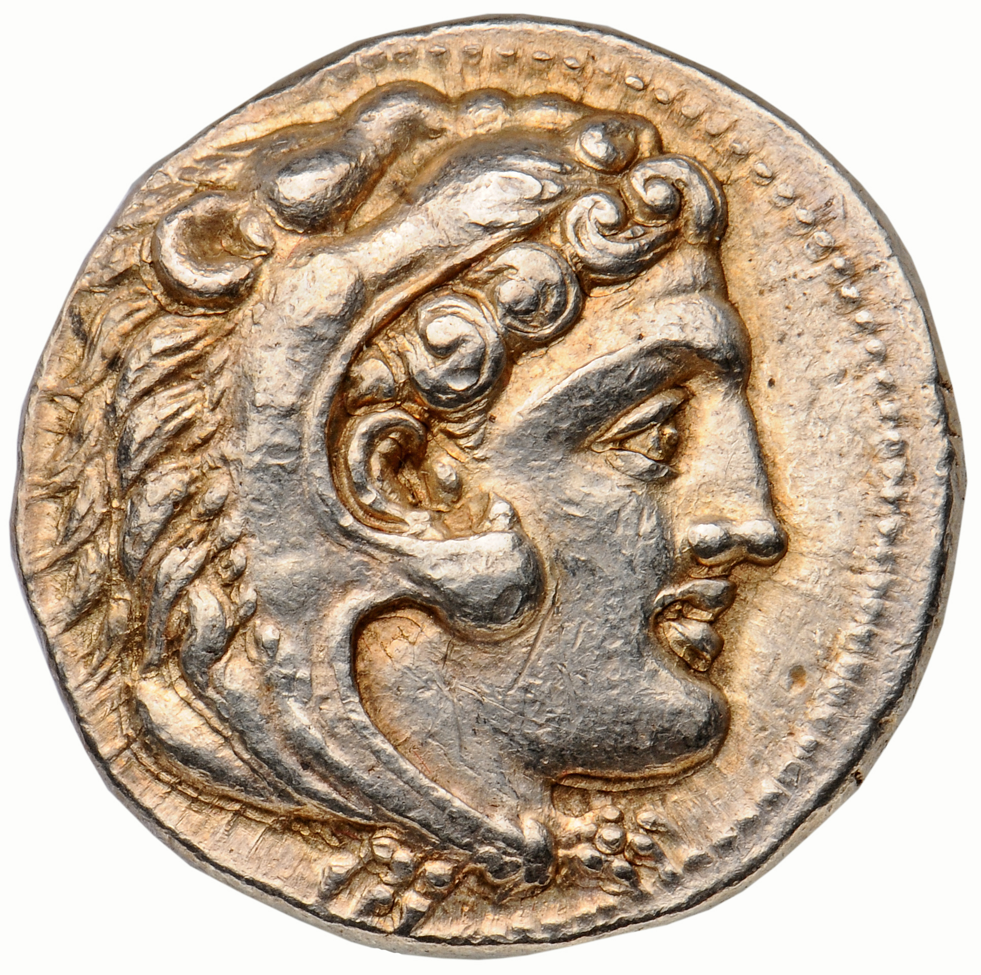 Alexander III obverse — Head of beardless Heracles right wearing lion skin headdress