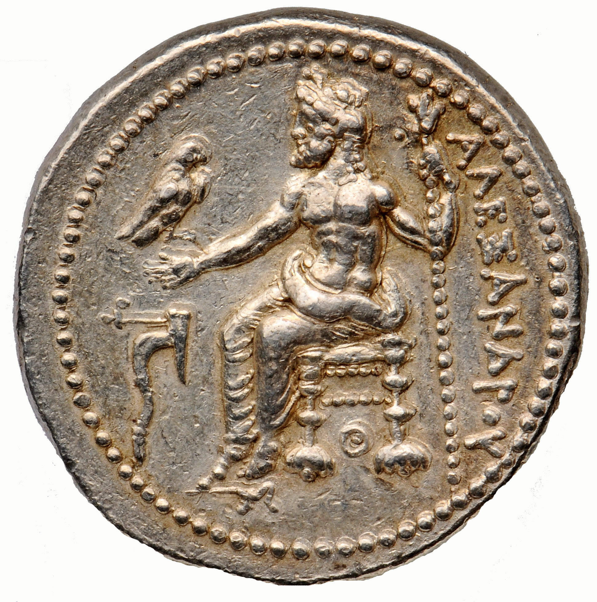 Alexander III reverse — Zeus seated on stool-throne left, eagle on outstretched right hand, sceptre in left hand