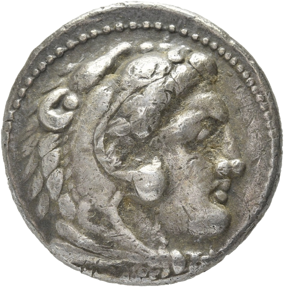 PRICE 3023 Alexander III obverse, Head of beardless Heracles right wearing lion skin headdress