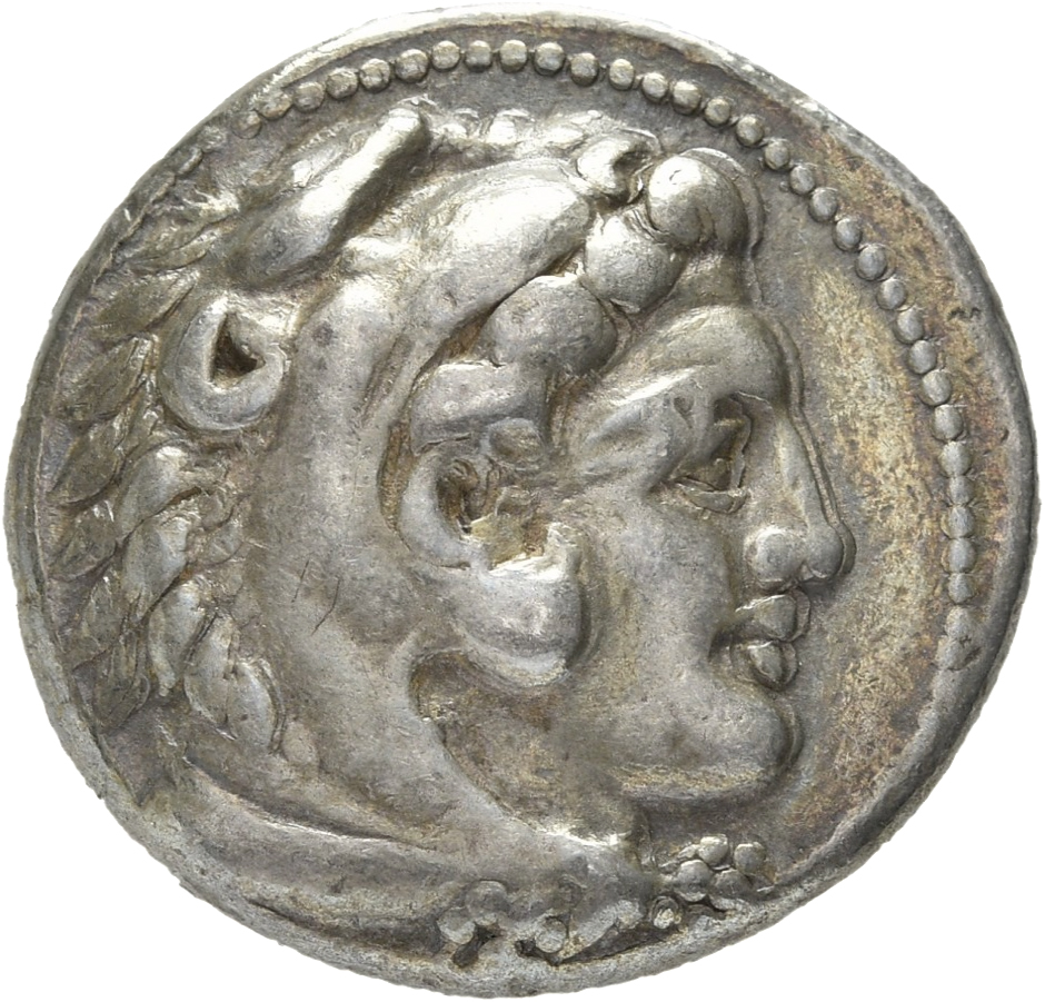 PRICE 3025 Alexander III obverse, Head of beardless Heracles right wearing lion skin headdress
