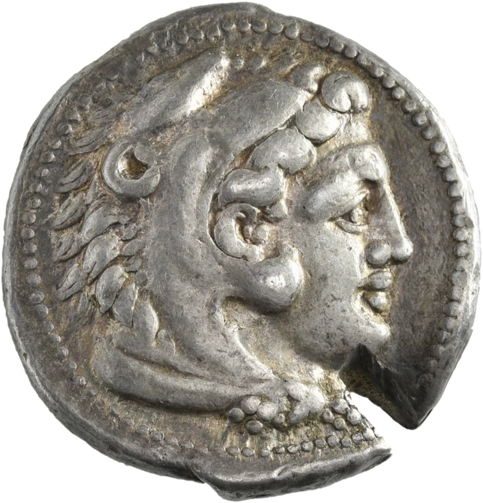 PRICE 3026 Alexander III obverse, Head of beardless Heracles right wearing lion skin headdress