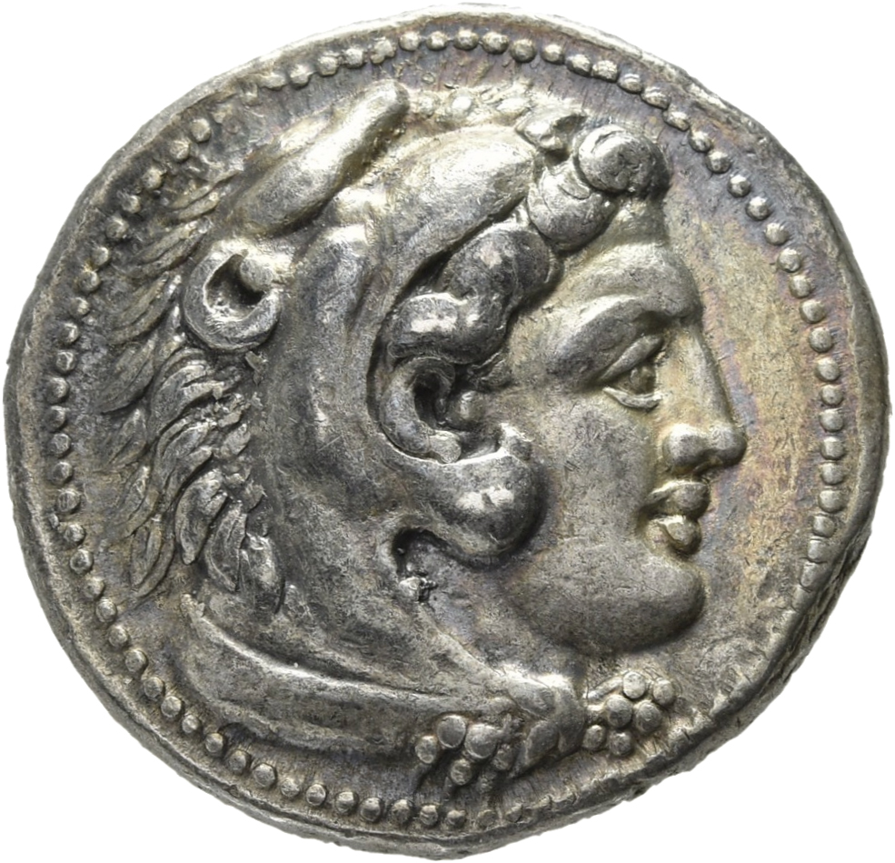 PRICE 3026 Alexander III obverse — Head of beardless Heracles right wearing lion skin headdress