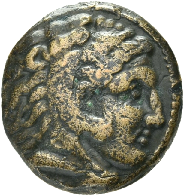 PRICE 3030 Alexander III obverse, Head of beardless Heracles right wearing lion skin headdress