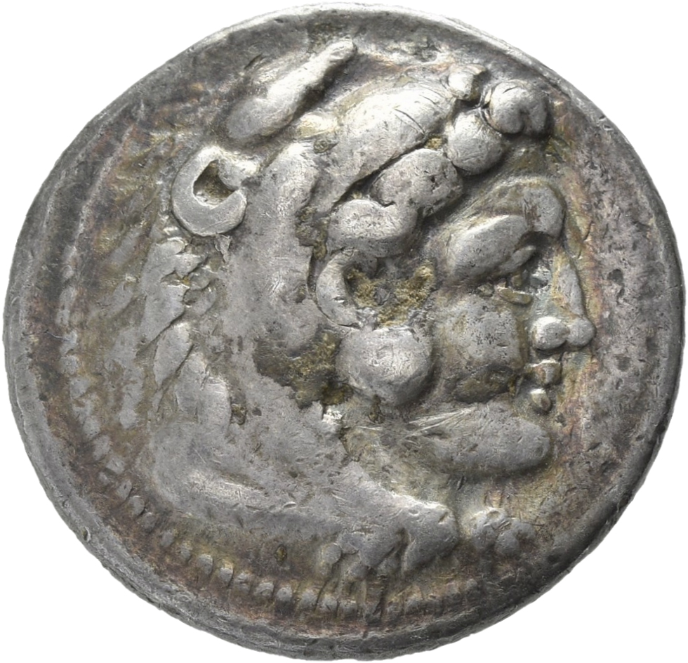PRICE 3031 Alexander III obverse, Head of beardless Heracles right wearing lion skin headdress