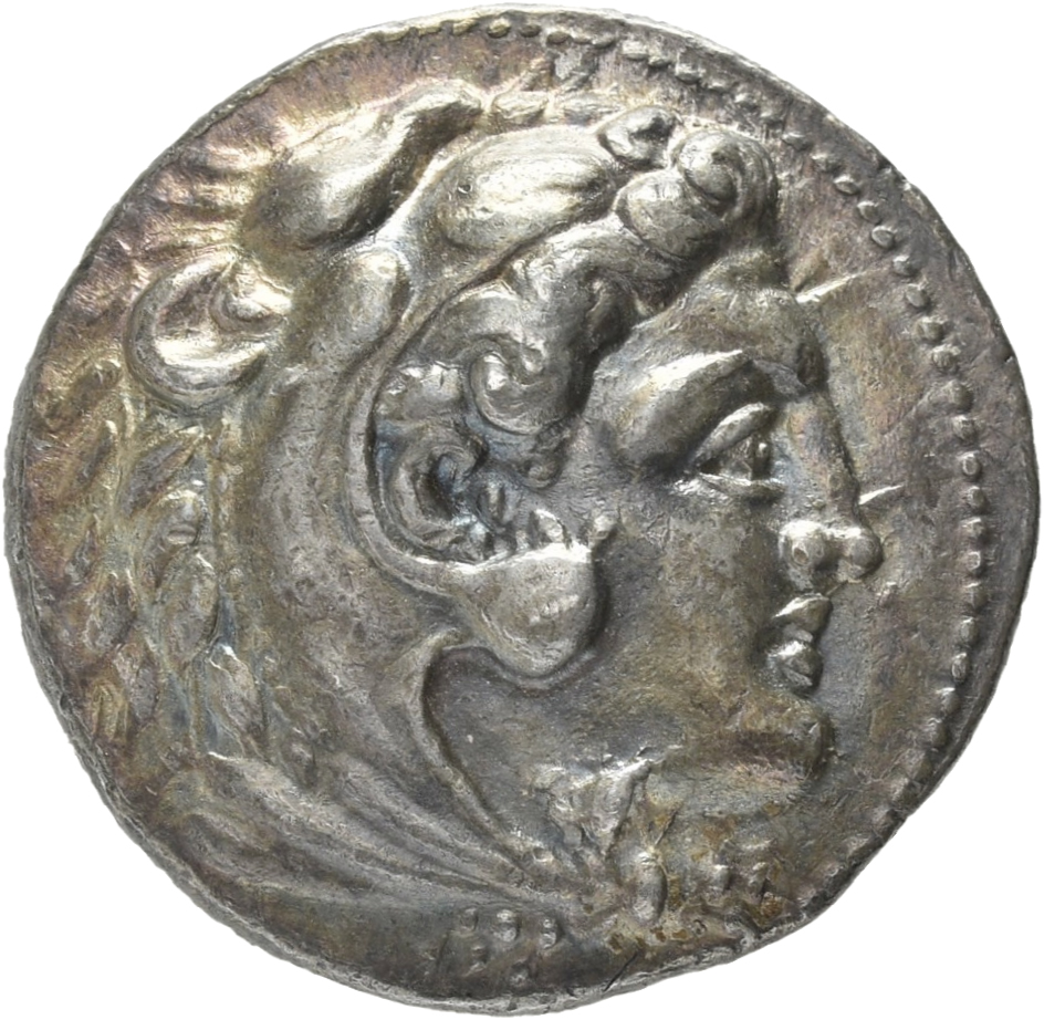 PRICE 3032 Alexander III obverse, Head of beardless Heracles right wearing lion skin headdress