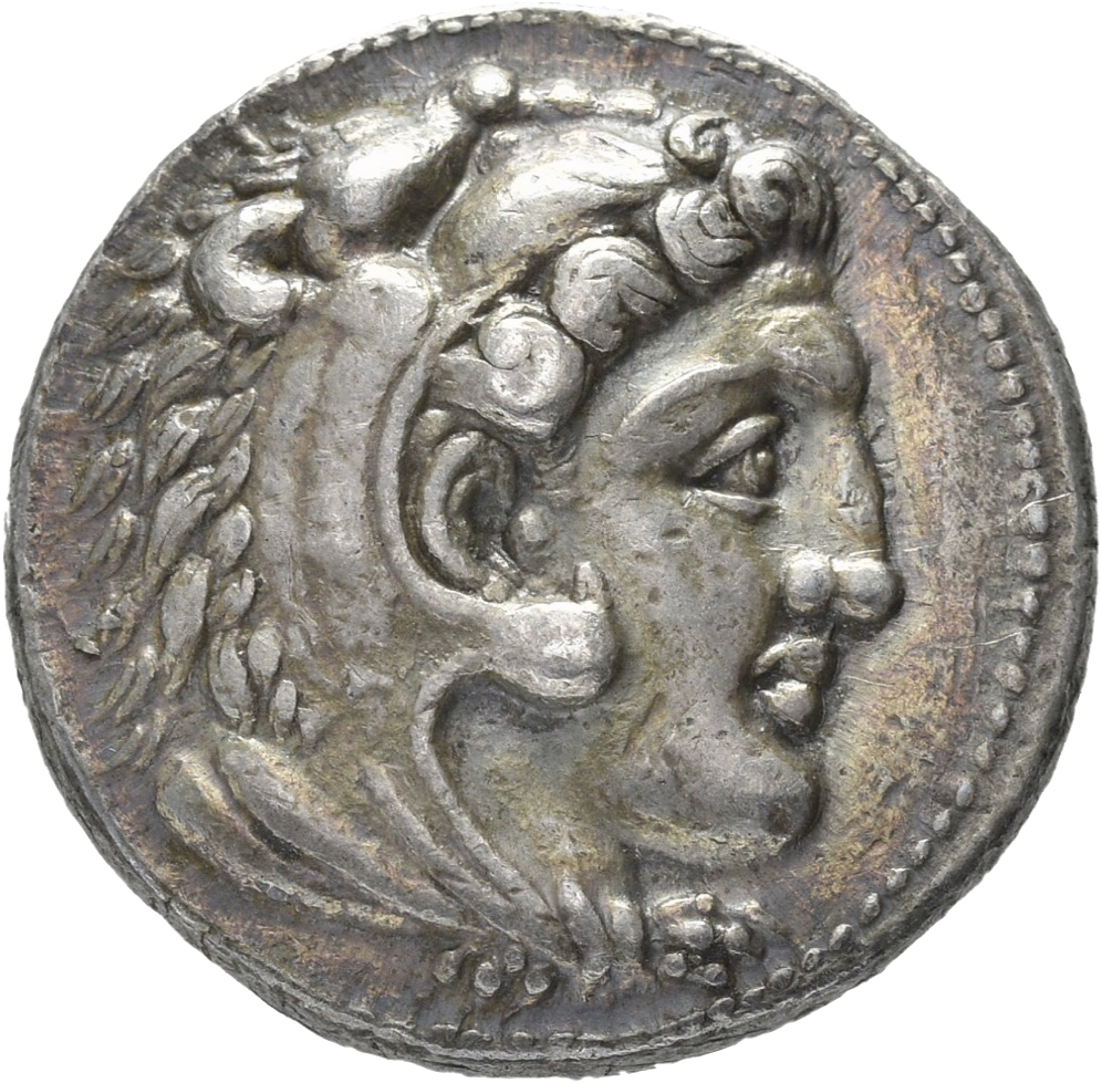 PRICE 3032 Alexander III obverse — Head of beardless Heracles right wearing lion skin headdress